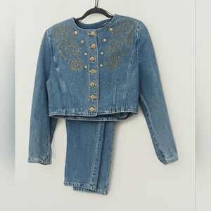Mondi Vtg Gold Embroidered Blue Denim Jacket & Jeans Set Waist 24" Pre-owned
